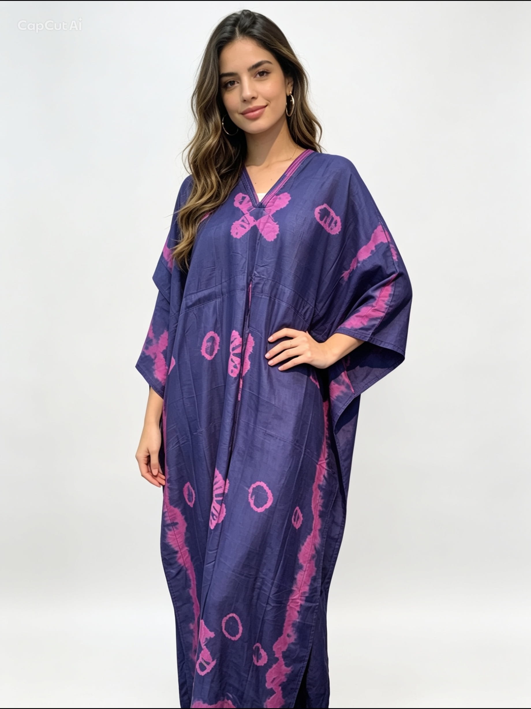 Mor Etnik Desenli İpek Kaftan Elbise
