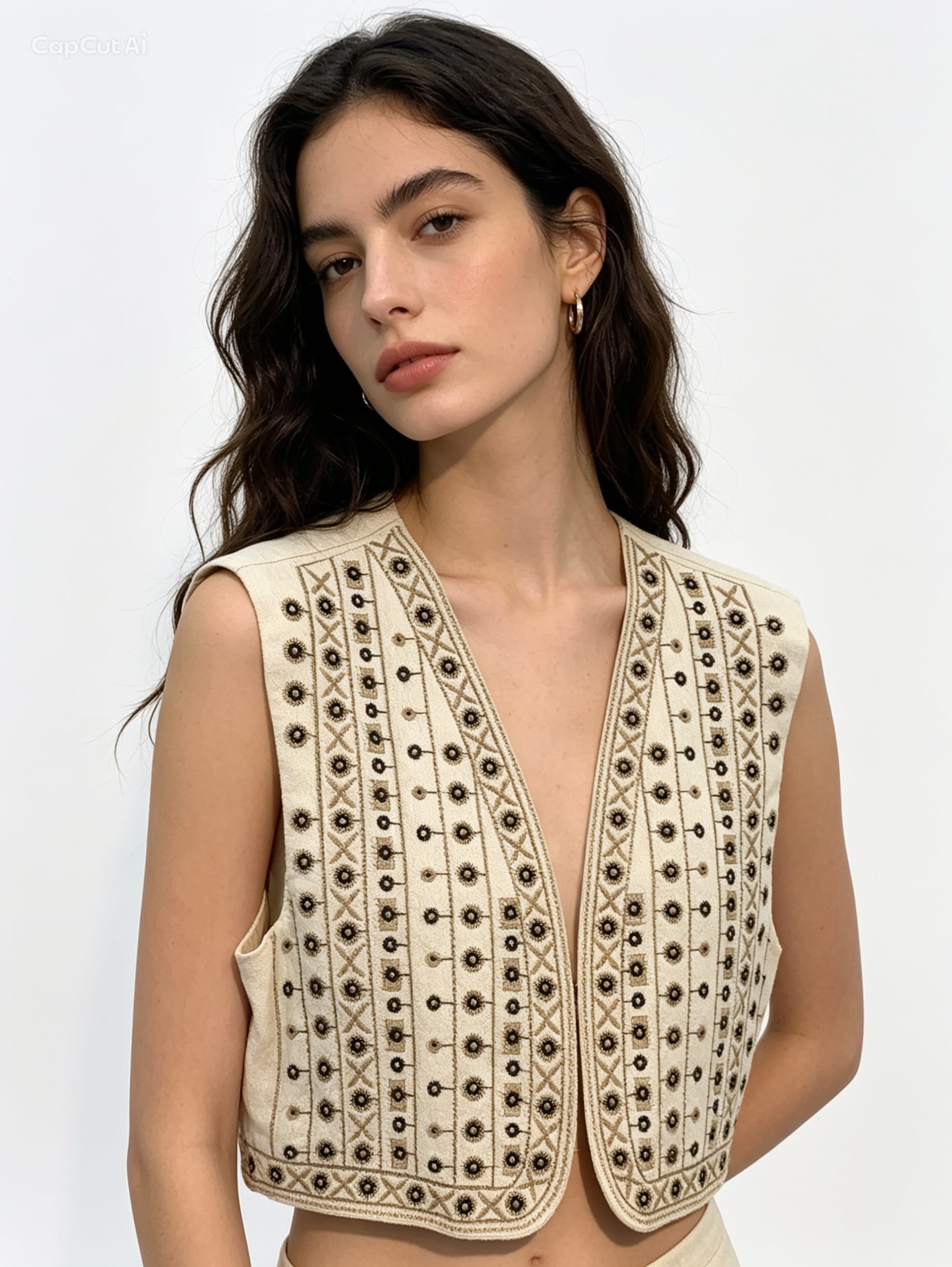 Ekru Nakışlı Crop Yelek