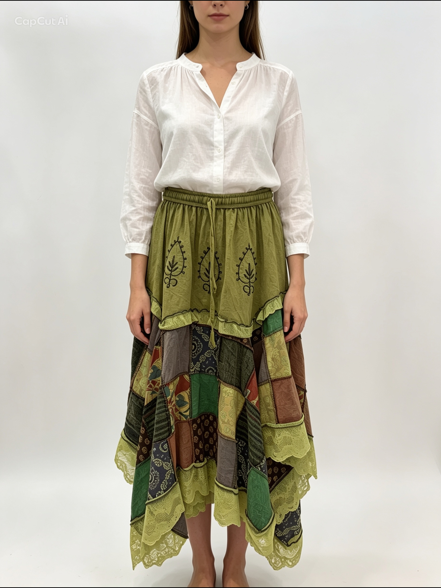 Yeşil Bohem Patchwork Uzun Etek